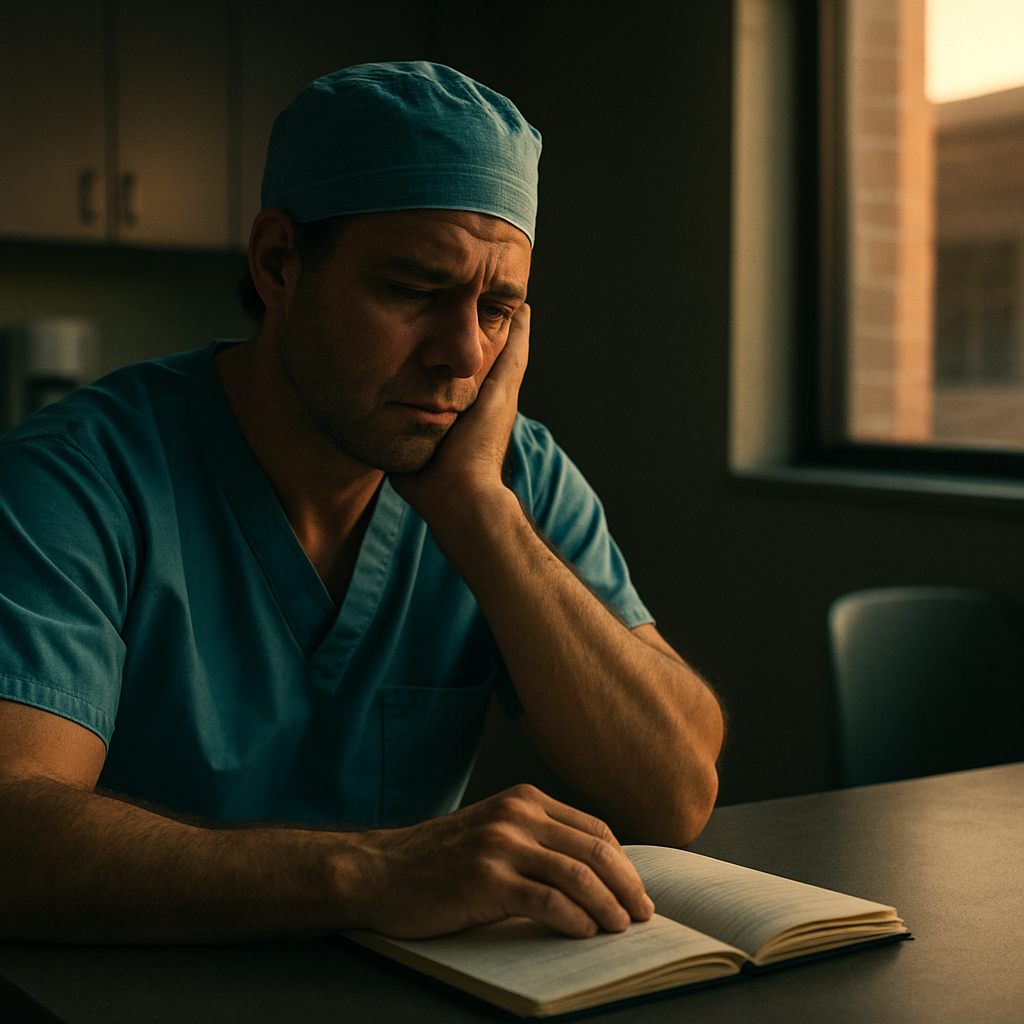 A cinematic, photorealistic scene of a tired but determined surgeon sitting in a quiet hospital break room, notebook open, soft evening light filtering through a window, reflecting on a recent case. The image captures the emotional pause and introspection after a stressful shift. Alt: clinician reflecting on emotional impact after a difficult case.