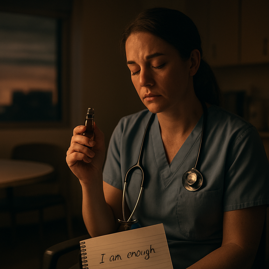 A cinematic, photorealistic scene of a hospital break room at dusk, a tired clinician sitting on a chair holding a small aromatic roll‑on, a notepad with a handwritten mantra visible, soft warm lighting casting gentle shadows, conveying immediate coping after a stressful event. Alt: Clinician using quick reset tools to manage second‑victim stress.