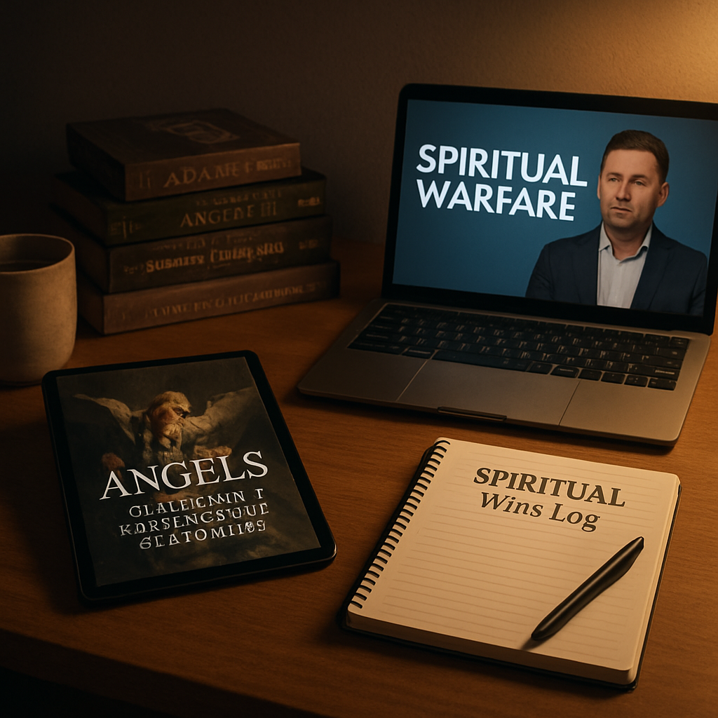 A calm study desk with an open e‑book titled “Angels: Messengers, Warriors, and Watchers,” a notebook labeled “Spiritual Wins Log,” and a laptop showing a video lesson on spiritual warfare. Alt: Recommended books, courses, and services for spiritual warfare in the bible.