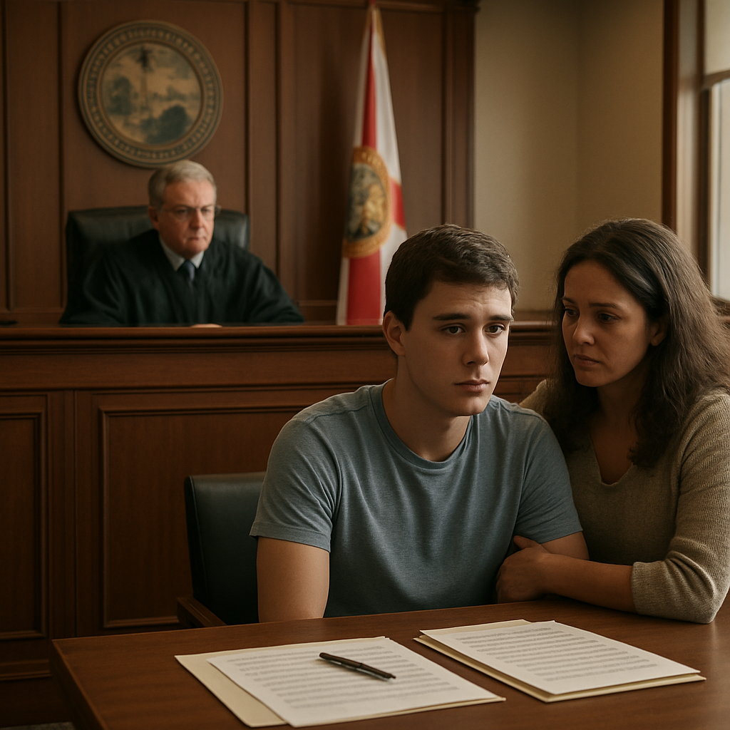 A photorealistic scene of a Florida courtroom interior with a judge’s bench, legal documents on a wooden desk, and a concerned family member sitting beside a young adult, soft natural lighting, realistic style. Alt: Understanding the Marchman Act purpose and scope in Florida court setting.