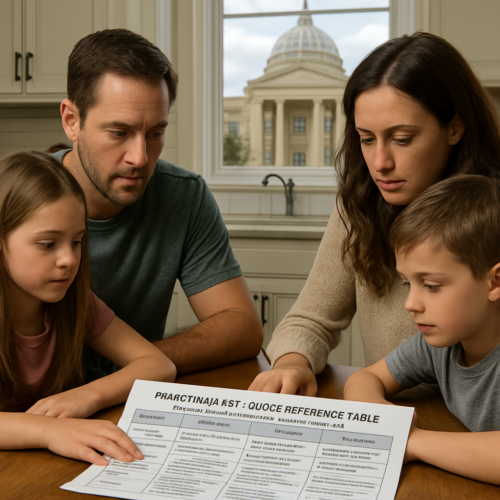 A photorealistic scene of a family sitting at a kitchen table, spreading out a printed comparison table of Marchman Act provisions, with a Florida courthouse visible through the window in the background. Alt: Quick reference table of key Marchman Act provisions for families in crisis.