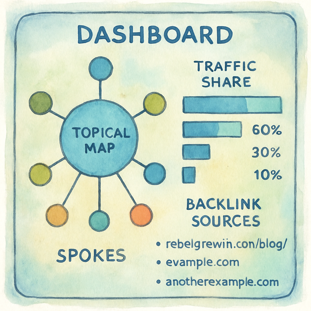A sleek dashboard displaying a topical map with pillars, spokes, traffic share percentages, and backlink sources. Alt: Visual representation of tools and resources for building topical authority