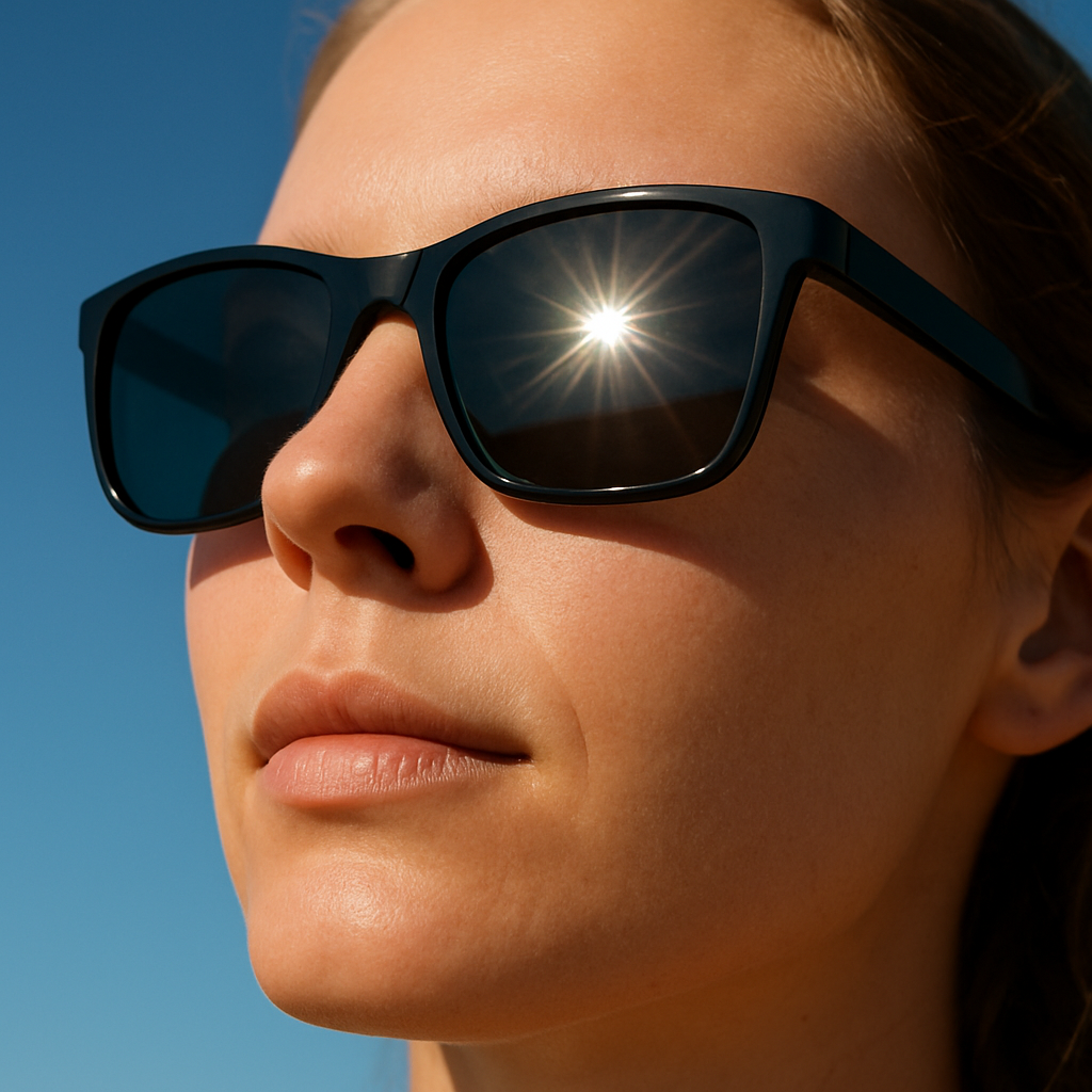 A sunny outdoor scene with a person wearing stylish UV400 sunglasses, close‑up of the lenses reflecting the sun while the background shows a clear blue sky. Alt: UV400 sunglasses protecting eyes from UV radiation.