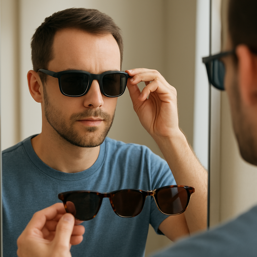 A person trying on different styles of UV400 sunglasses in front of a mirror, with focus on frame fit and lens tint. Alt: Choosing the right UV400 sunglasses for various activities and face shapes.