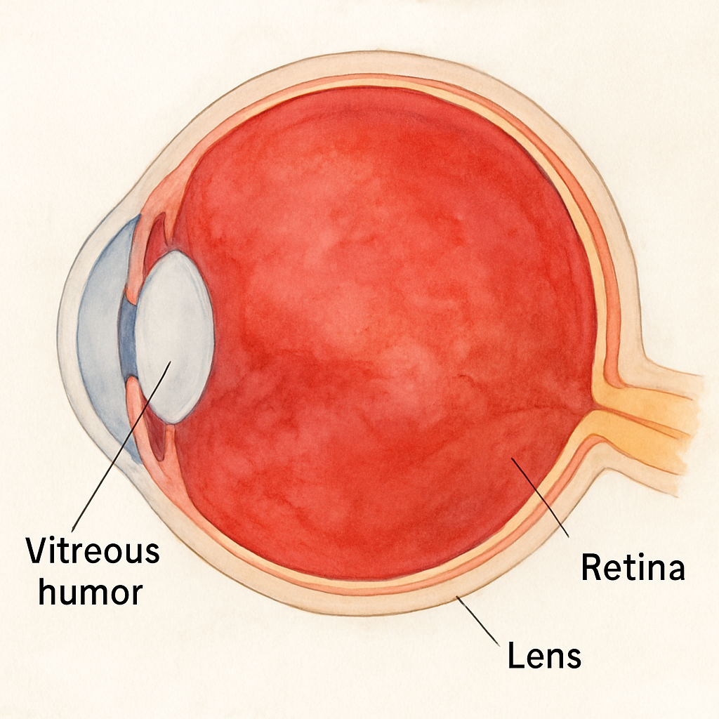 A clear diagram of a human eye highlighting the vitreous humor, retina, and lens. Alt: Diagram of vitreous hemorrhage anatomy