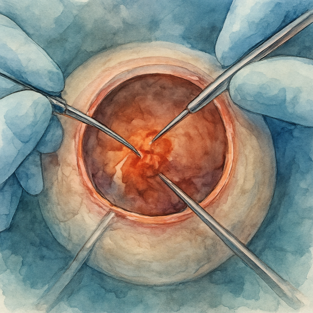A close‑up view of a surgeon performing a pars plana vitrectomy on a patient’s eye, showing delicate instruments inside the eye. Alt: Vitrectomy surgery illustration showing removal of vitreous haemorrhage.
