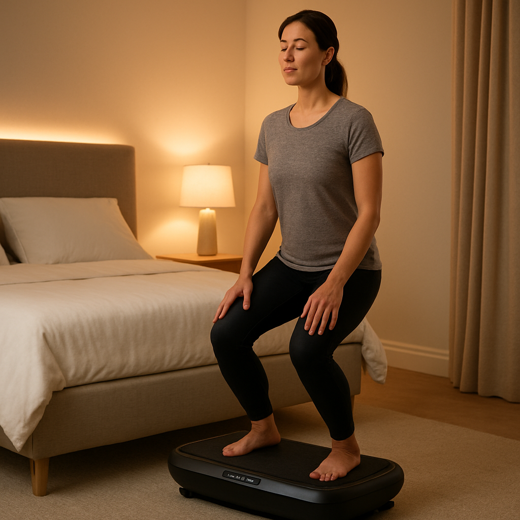 A sleek whole‑body vibration platform placed beside an adjustable bed in a softly lit bedroom, showing a user standing with knees slightly bent, eyes closed, and a subtle glow from smart‑home lighting. Alt: Choosing the right vibration platform for sleep and pain relief.