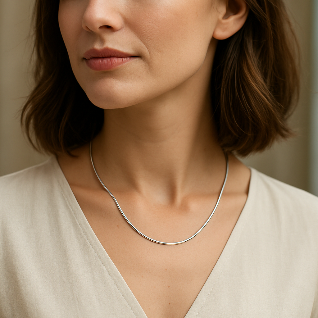 A photorealistic close‑up of a stylish woman wearing a V‑neck blouse, a 16‑inch silver necklace gracefully framing the V’s apex, soft natural lighting, reflecting the elegance of travel‑savvy fashionistas.