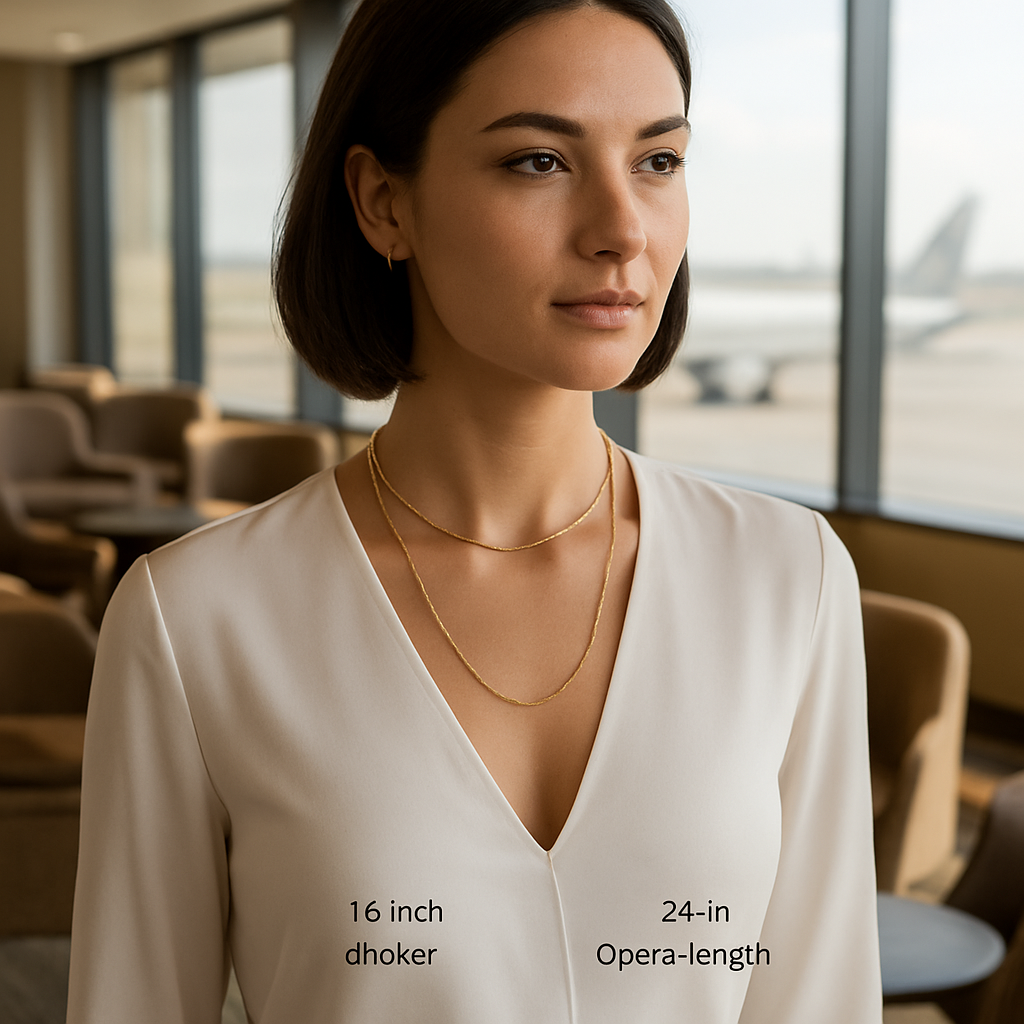 A photorealistic scene of a stylish woman in a sleek V‑neck travel blouse, wearing a 16‑inch choker layered with a 24‑inch opera‑length necklace, standing in an airport lounge with soft natural lighting, highlighting how different necklace lengths complement casual, formal, and evening V‑neck styles. Alt: Best necklace lengths for V‑neck cuts showing layered jewelry.