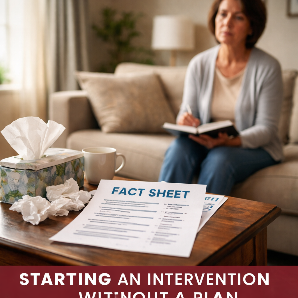 A photorealistic scene of a living room with a small table holding a clear, printed fact sheet, a calm family member holding a notebook, soft natural light, showing what not to do when starting an intervention without a plan. Alt: Intervention planning mistake illustration
