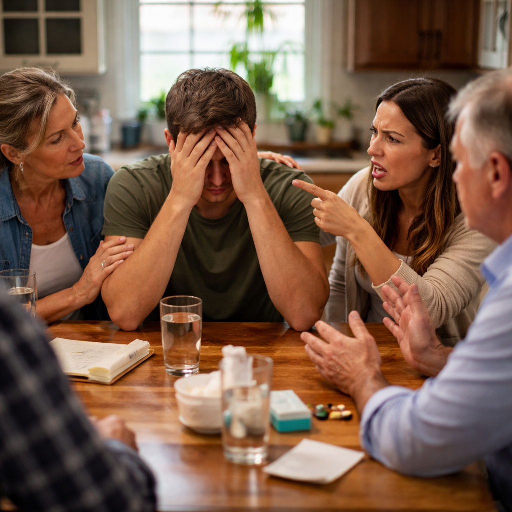 A photorealistic scene of a family sitting around a kitchen table during an intervention, one person looking upset while another tries to stay calm. Alt: What not to do at an intervention – letting emotions take over the conversation.