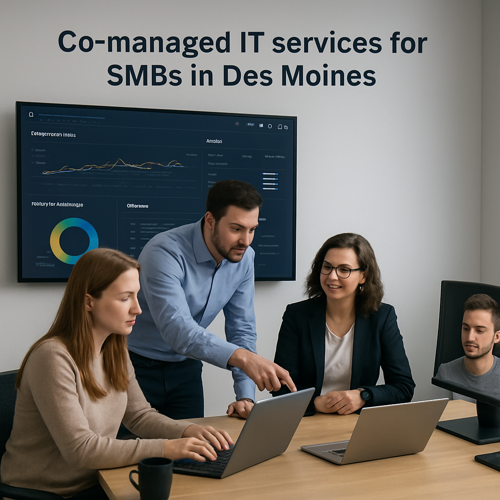 Co-managed IT services discussion with team in Des Moines, focusing on enhancing support for SMBs, featuring data analytics on screen and collaborative engagement.