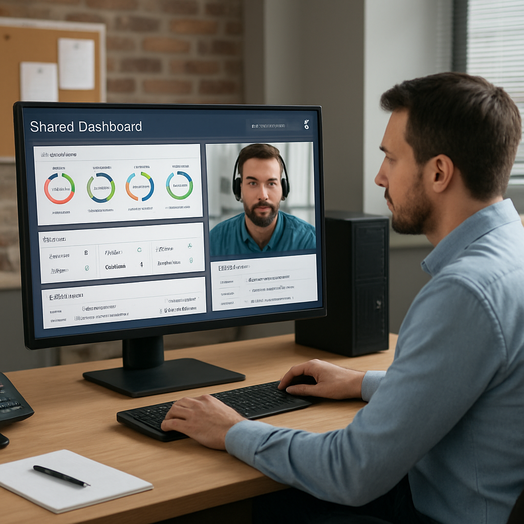 Person using a computer with a shared dashboard displaying IT metrics and a video call with a support representative, illustrating co-managed IT services and collaboration.