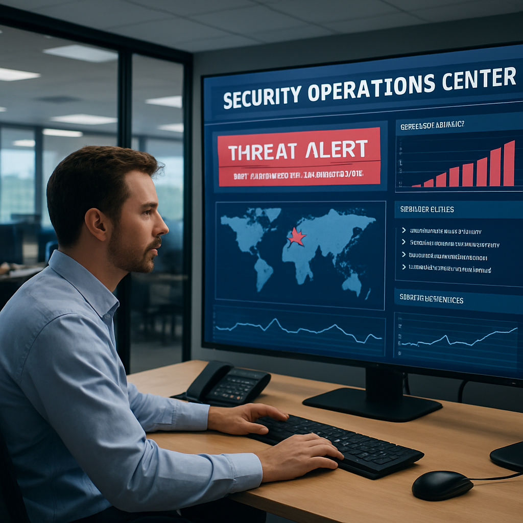 Security operations center with a man monitoring a large screen displaying a threat alert, world map, and data analytics, emphasizing managed detection and response services for cybersecurity.
