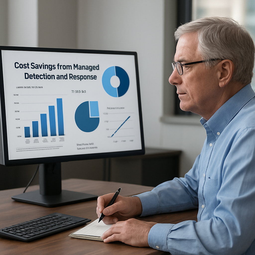 Man analyzing cost savings from managed detection and response services on a computer screen, with graphs and charts illustrating financial benefits and security metrics.