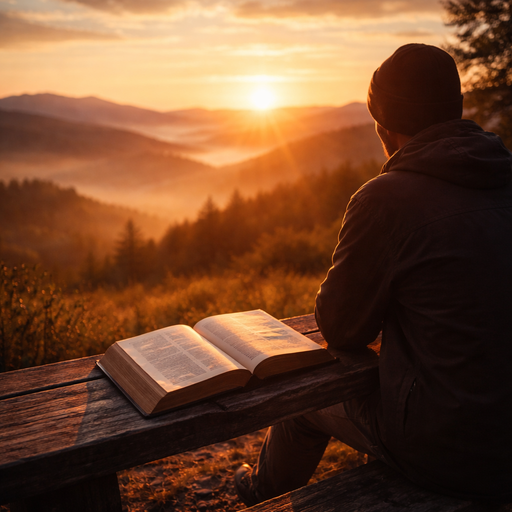A cinematic, photorealistic scene of a sunrise over a quiet hilltop, a person sitting with an open Bible on a wooden bench, soft golden light illuminating the pages, emphasizing reflection and purpose. Alt: A serene sunrise setting with a Bible, symbolizing divine purpose.