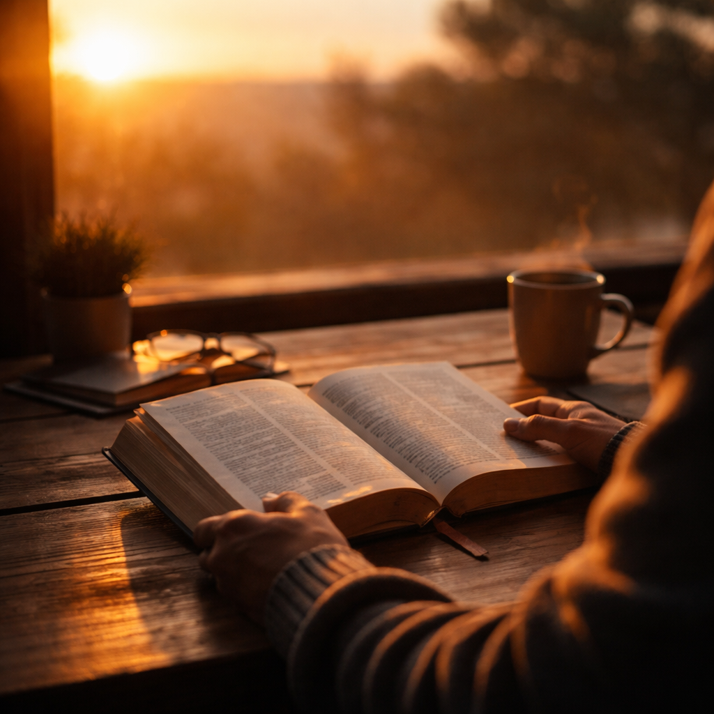 A Cinematic image showing a person sitting with a Bible at sunrise, soft light on a wooden table, symbolizing reflection on what the bible says about purpose in life. Alt: Person reading the Bible at dawn reflecting on life’s purpose.