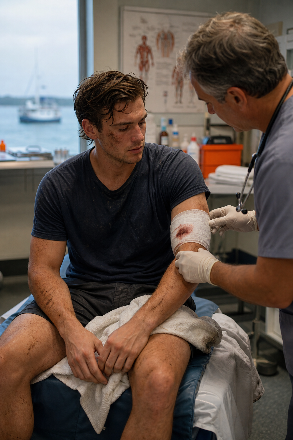A photorealistic image of a person being examined by a doctor in an emergency room, with a visible bandage on their arm, medical charts on the wall, and a subtle background showing a boat silhouette through a window, indicating the cause of injury.