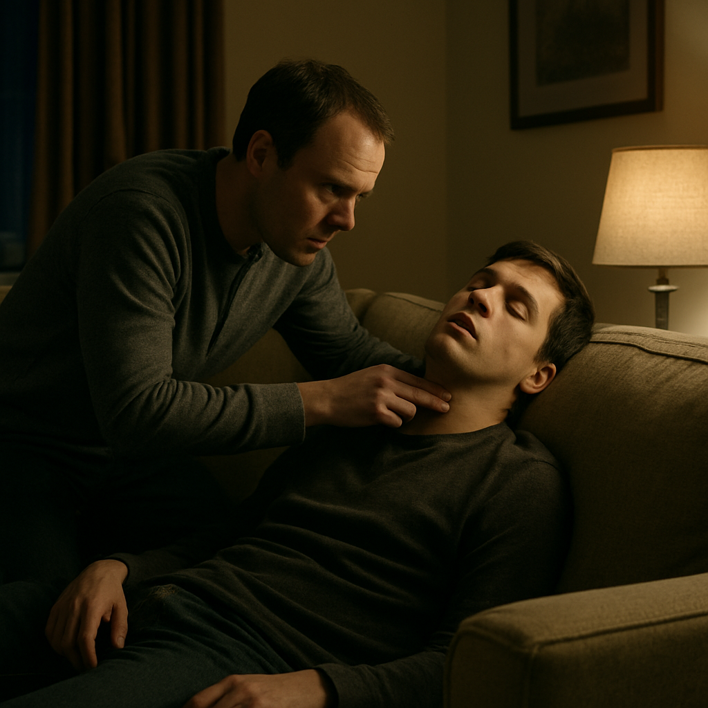 A photorealistic scene of a living room at night, a concerned adult kneeling beside a person slumped on a couch, checking their breathing and pupils, soft lamp light illuminating the faces, realistic textures, realistic lighting, realistic expressions, realism style. Alt: Recognizing overdose signs in a home setting.