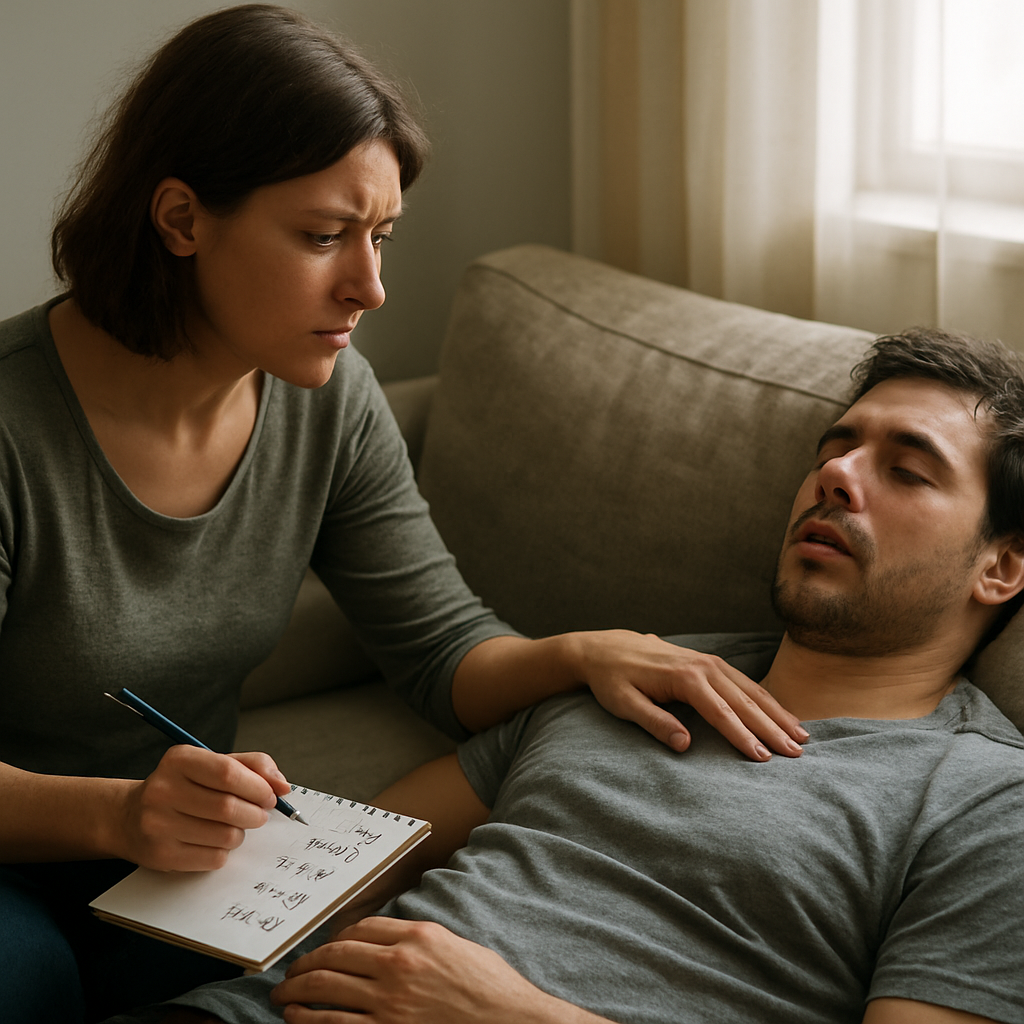A photorealistic scene of a concerned family member sitting beside a recovering loved one on a couch, gently checking breathing, a notepad with timestamps visible, soft natural lighting. Alt: Person staying with overdose victim and recording vital information.