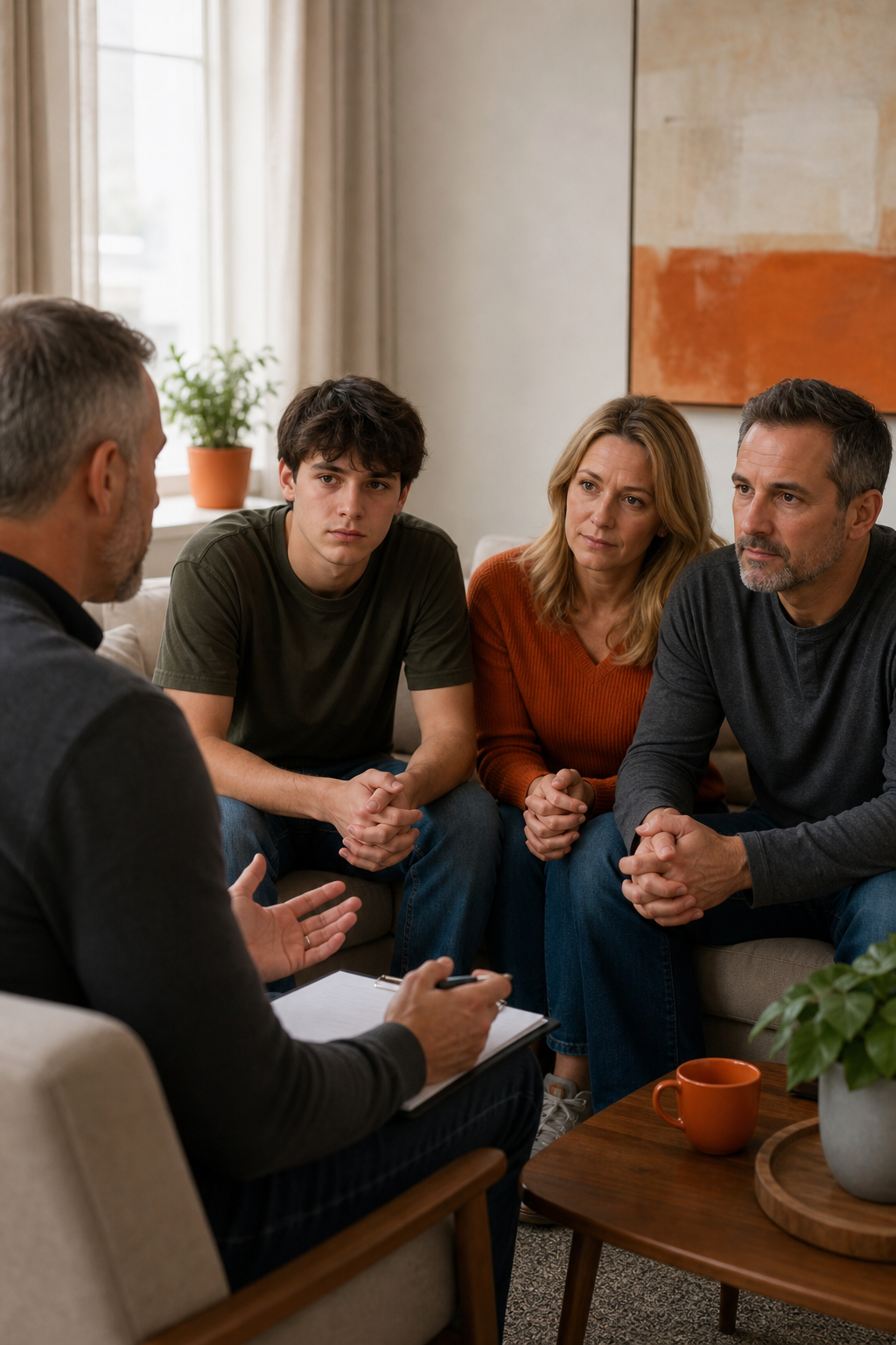 A realistic photo of a calm family meeting with a professional interventionist in a living room, natural light, soft focus. Alt: Professional intervention support after fentanyl overdose.