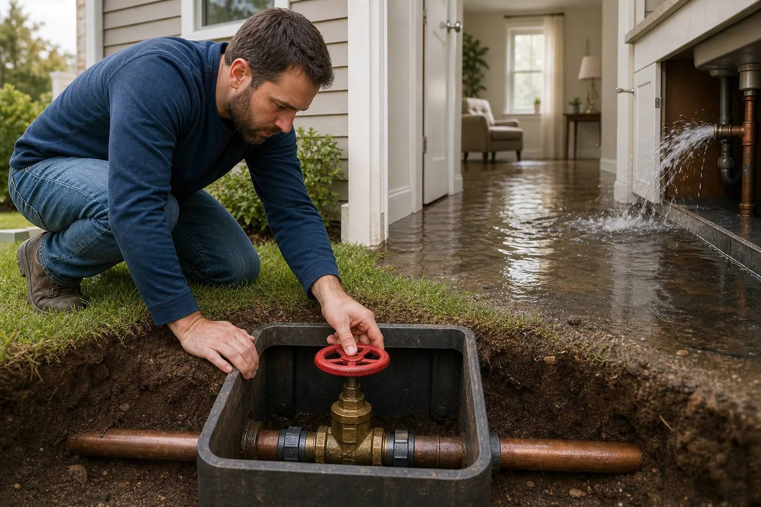 Shut Off the Main Water Supply: visual reference for 2. Shut Off the Main Water Supply , Locate and Turn the Valve