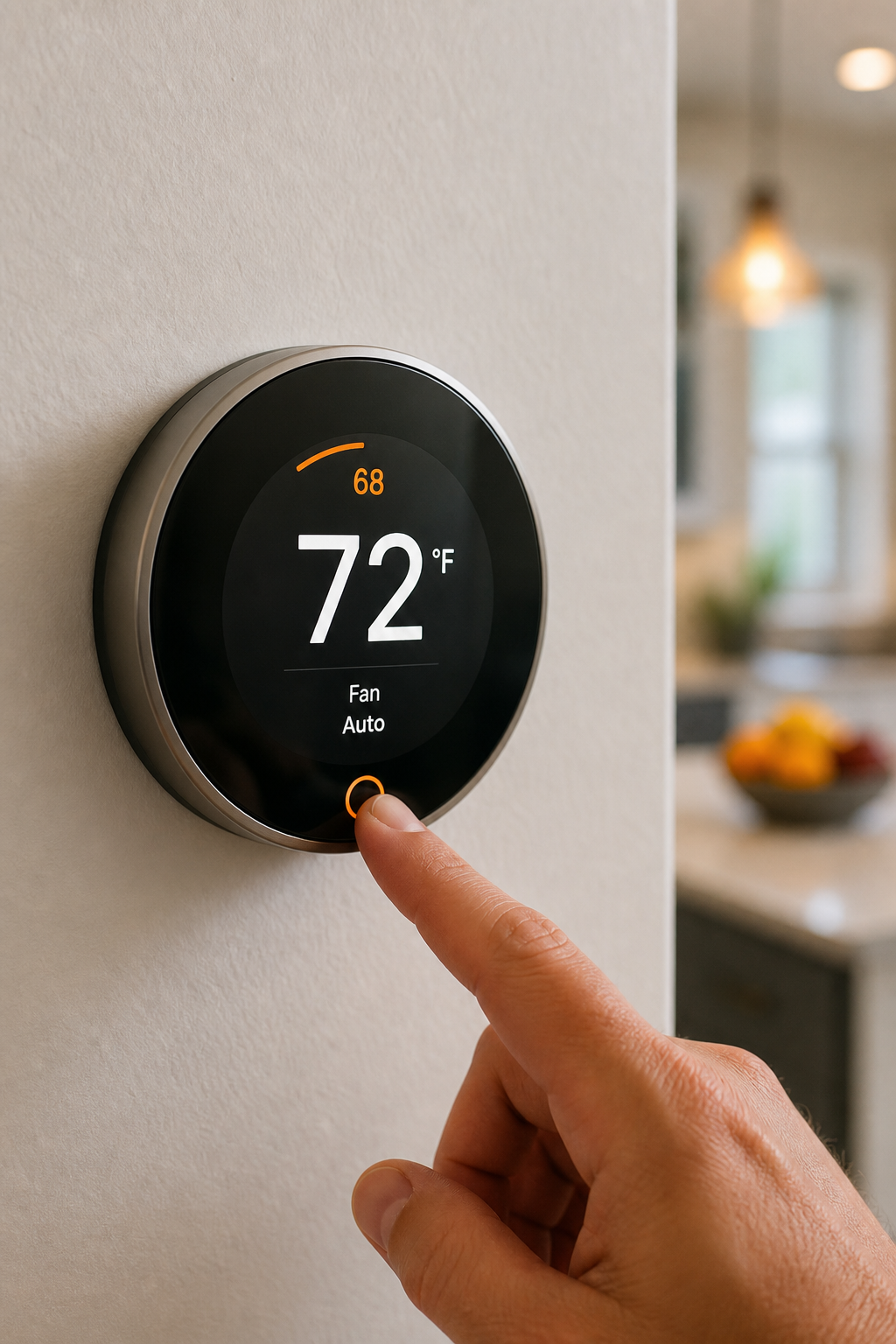 A photorealistic image of a modern smart thermostat on a wall with a finger pressing the button. The display shows the temperature and fan setting. Alt: Checking thermostat settings for furnace troubleshooting.
