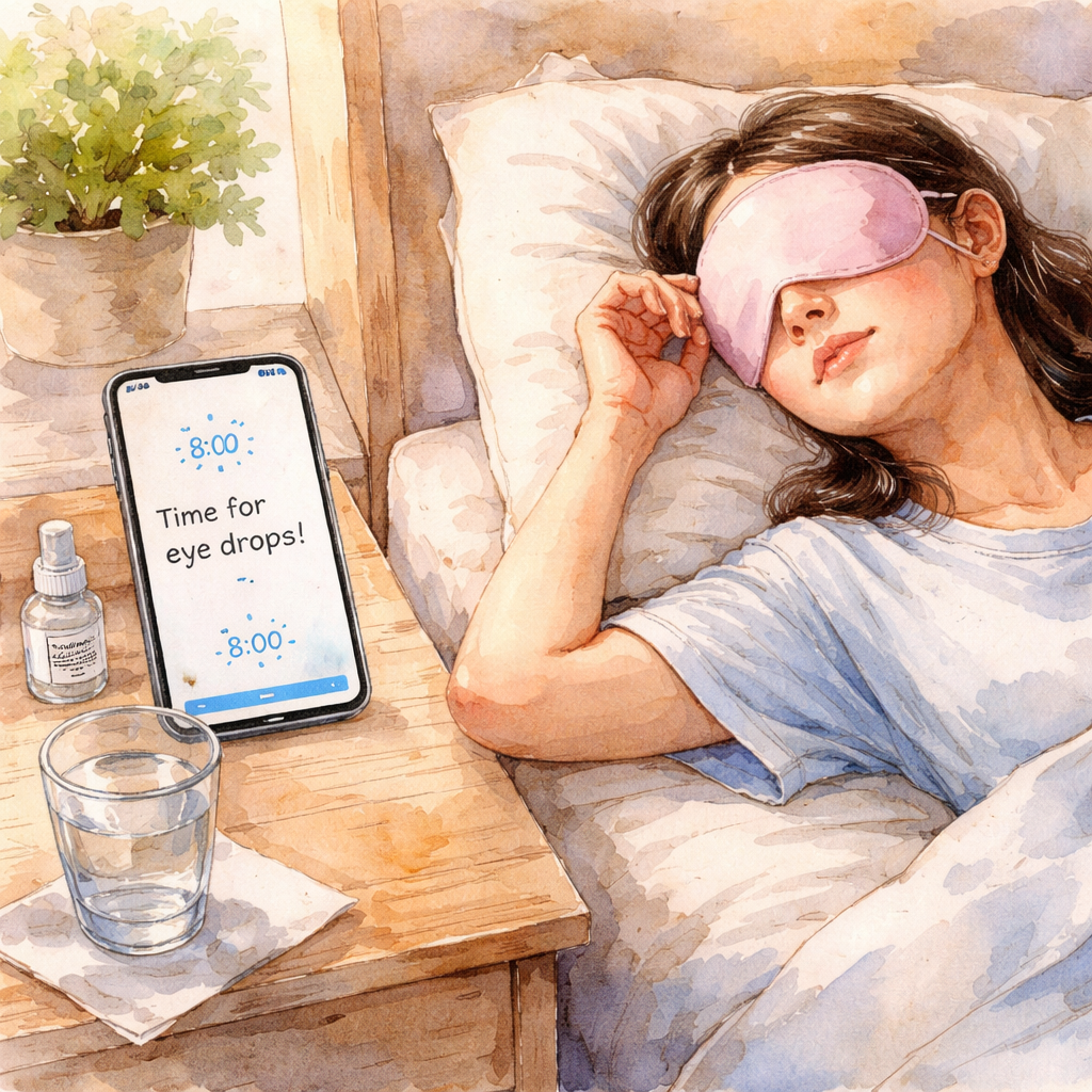 A watercolor painting of a relaxed person lying on a pillow with a soft eye patch, a phone alarm showing a reminder for eye drops, and a glass of water on a bedside table. Alt: Managing pain and discomfort after retina surgery in Sydney.