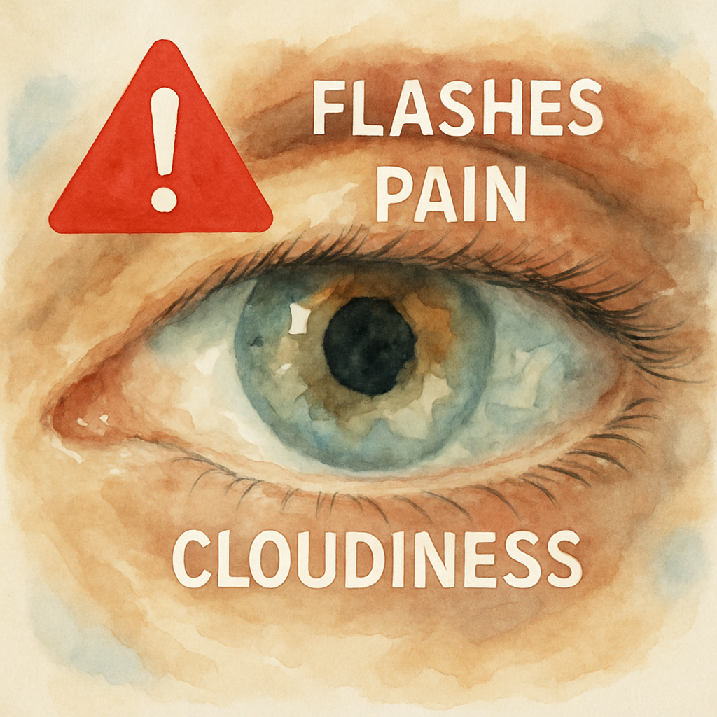 Close‑up of an eye with a red warning overlay highlighting flashes, pain, and cloudiness. Alt: Warning signs after vitrectomy surgery