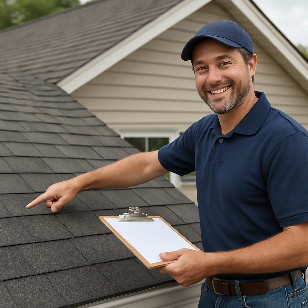 A friendly local roofer standing on a Chesapeake home’s roof, pointing at a shingle with a clipboard in hand. Alt: Local roofing company Chesapeake VA expert inspection and personalized service
