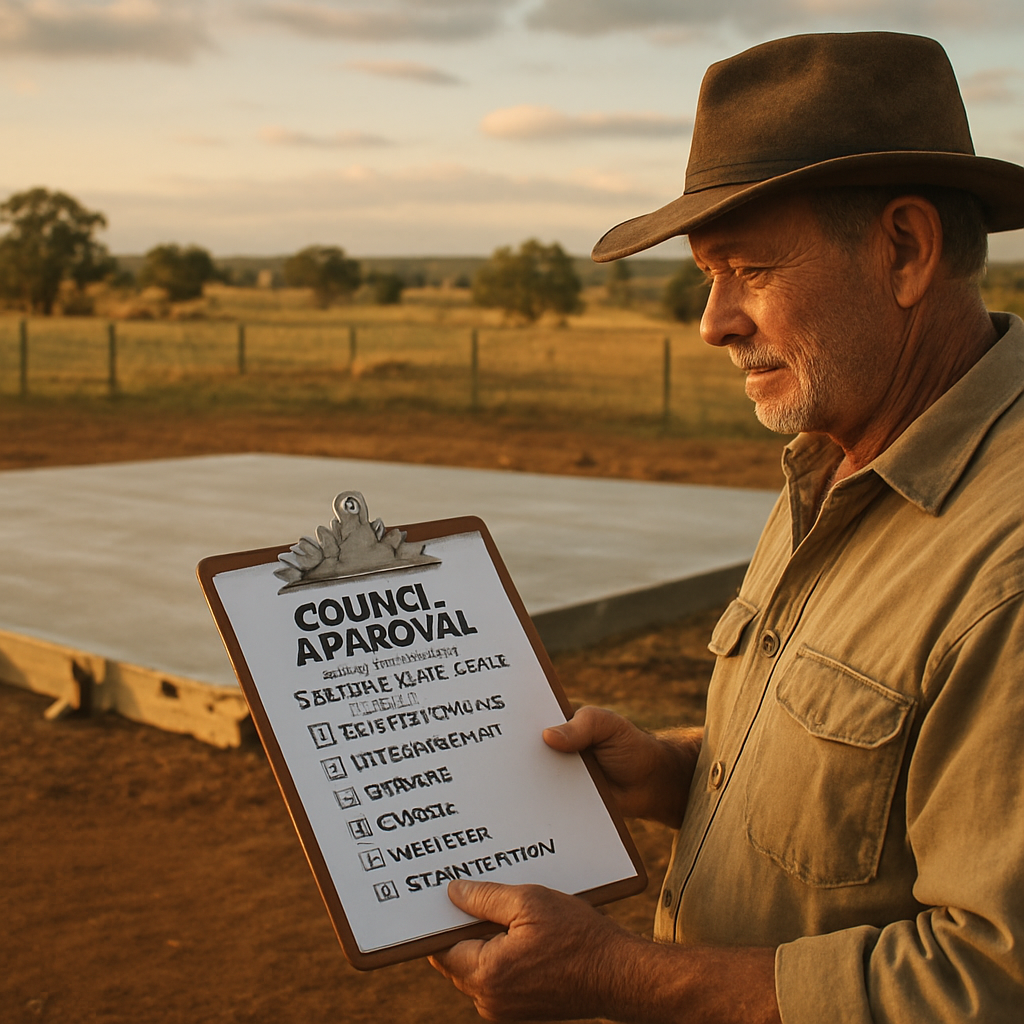 A seasoned builder reviewing council paperwork beside a newly poured concrete slab on a rural NSW farm. Alt: Rural building regulations compliance checklist on site.