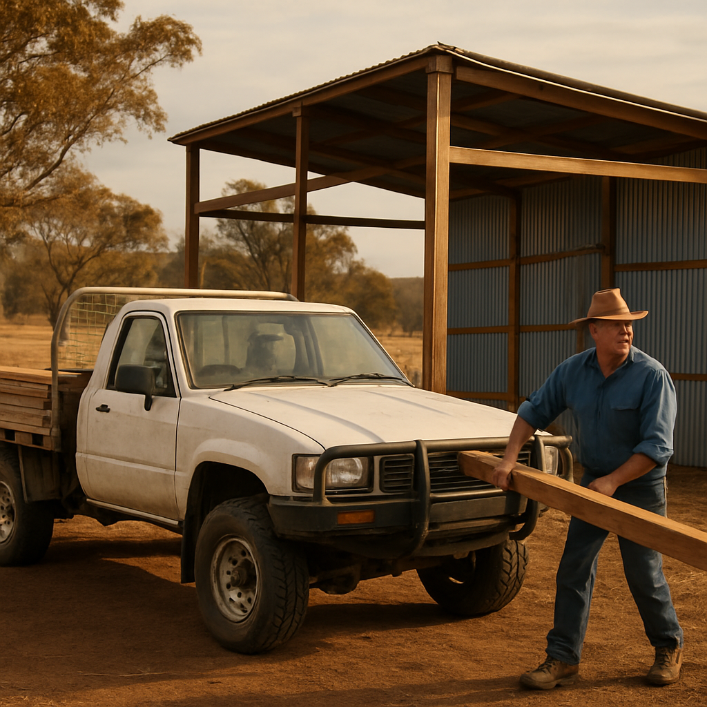 A farmer and 4x4 truck unloading timber for a new shed on a remote NSW property. Alt: Managing farm shed construction with a rural building company.