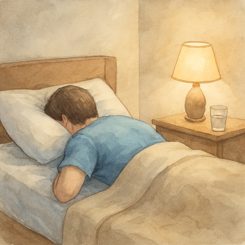 A calm bedroom scene showing a patient lying face‑down on a supportive pillow, with a soft lamp and a glass of water on the bedside table. Alt: pneumatic retinopexy recovery position with supportive pillow
