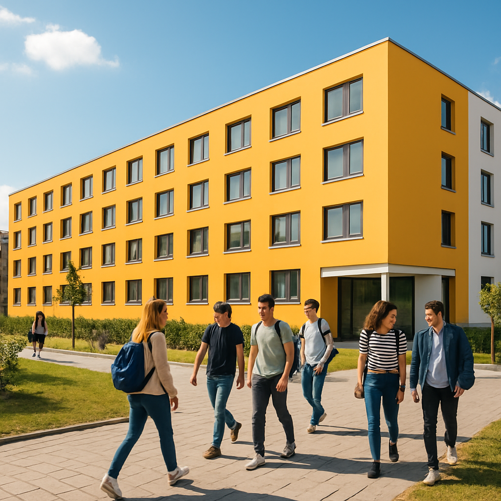 A bright dormitory building with students walking, modern architecture, German campus background. Alt: student dorms in germany