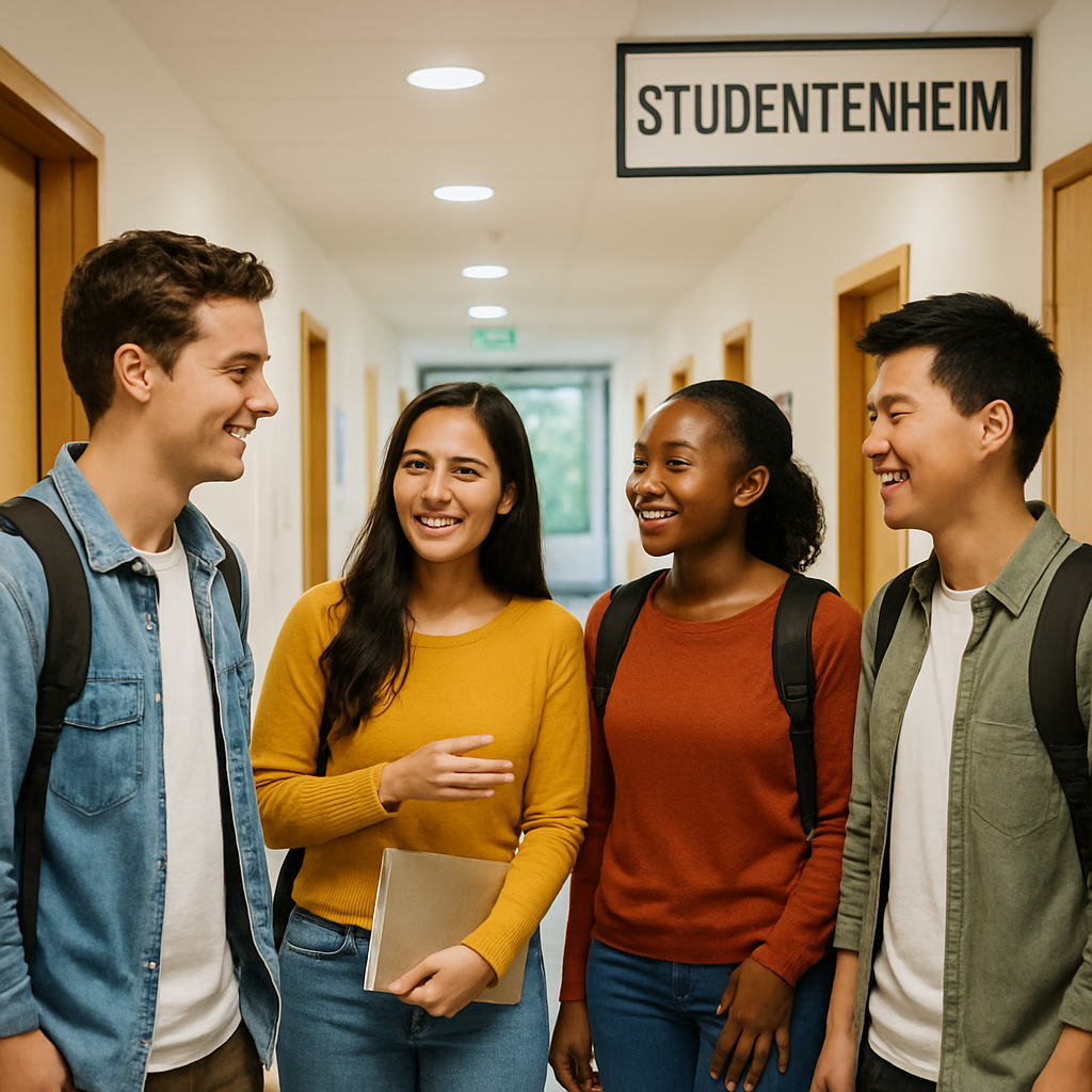 A bright student dorm corridor with modern furnishings, German signage, and happy international students chatting. Alt: student dorms in germany