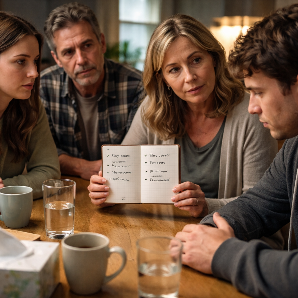 A photorealistic scene of a family gathered around a kitchen table, calm lighting, one person holding a small notebook with notes on what to say during an intervention, realistic expression of concern and support. Alt: family support setting for an intervention conversation