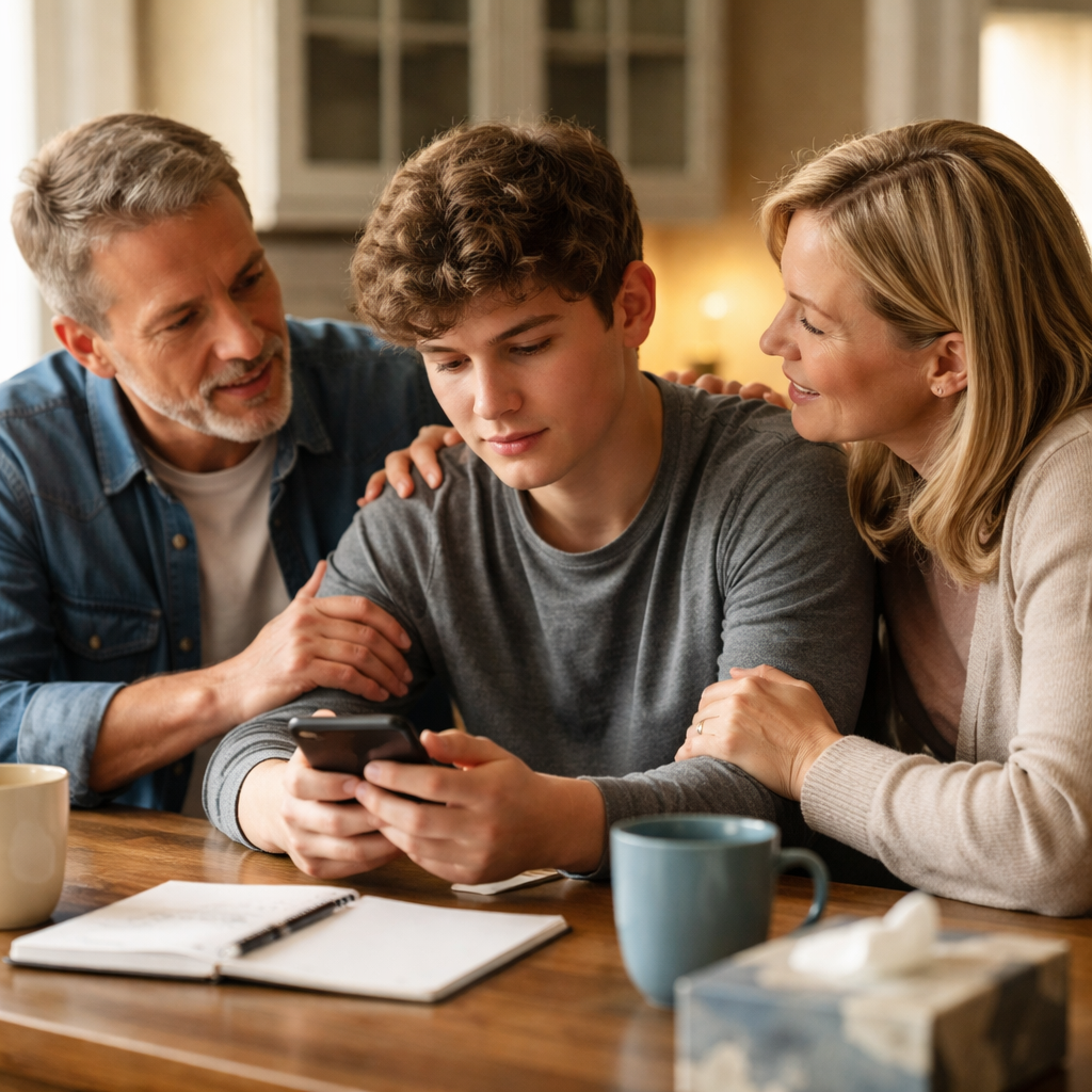 A photorealistic scene of a family sitting at a kitchen table, one person holding a phone, gentle lighting, showing a supportive follow‑up conversation after an intervention. Alt: Follow up after an intervention showing caring communication.