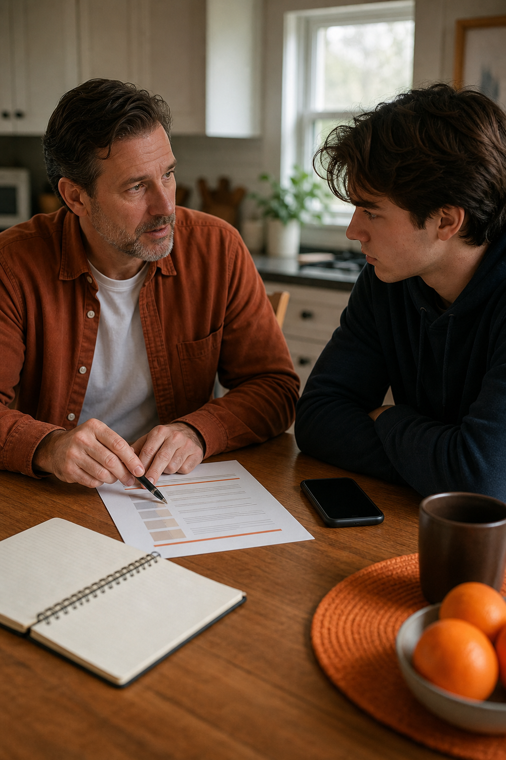 A realistic scene of a family member sitting at a kitchen table with a notebook, pointing to a printed list of local addiction resources and a phone, showing a calm, supportive conversation. Alt: family offering concrete help and resources during a drug crisis