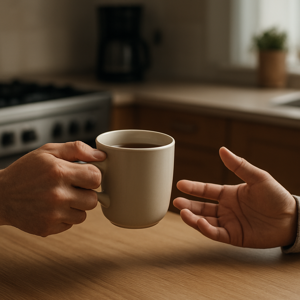 A calm kitchen scene with a hand offering a coffee mug to another hand, symbolizing a gentle conversation about addiction. Alt: Calm coffee conversation about addiction.