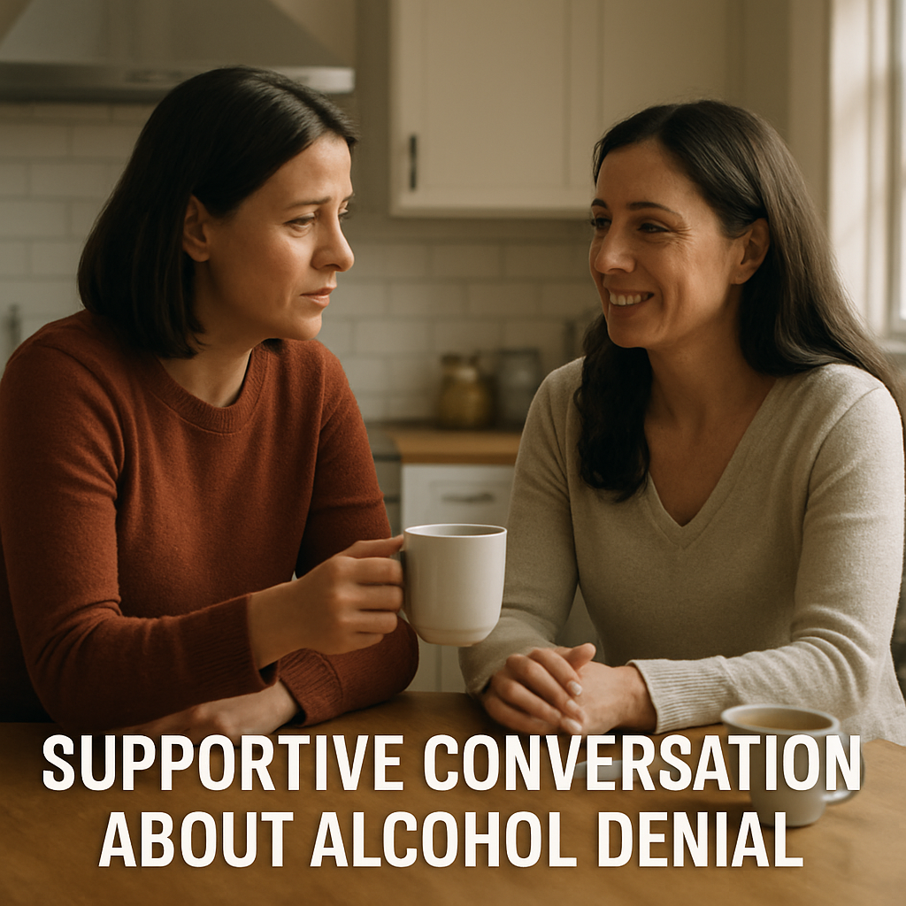 Two people sitting at a kitchen table, one offering a cup of tea while the other smiles, illustrating a calm, supportive conversation about drinking. Alt: supportive conversation about alcohol denial