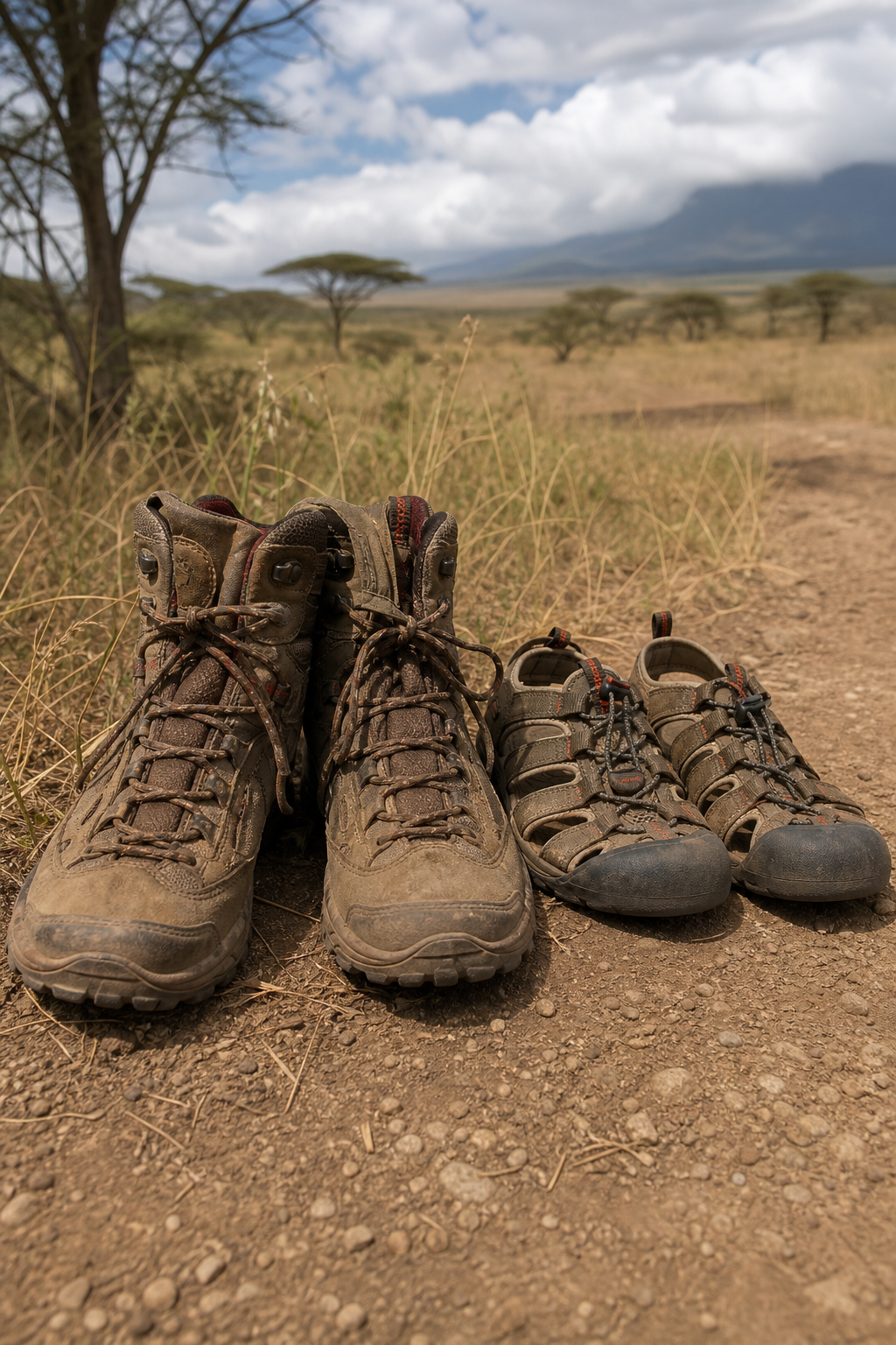 A close-up photo of sturdy hiking boots and closed-toe sandals on a dusty safari trail, with savanna grass in the background. Alt: Safari footwear choices for game drives and walking.