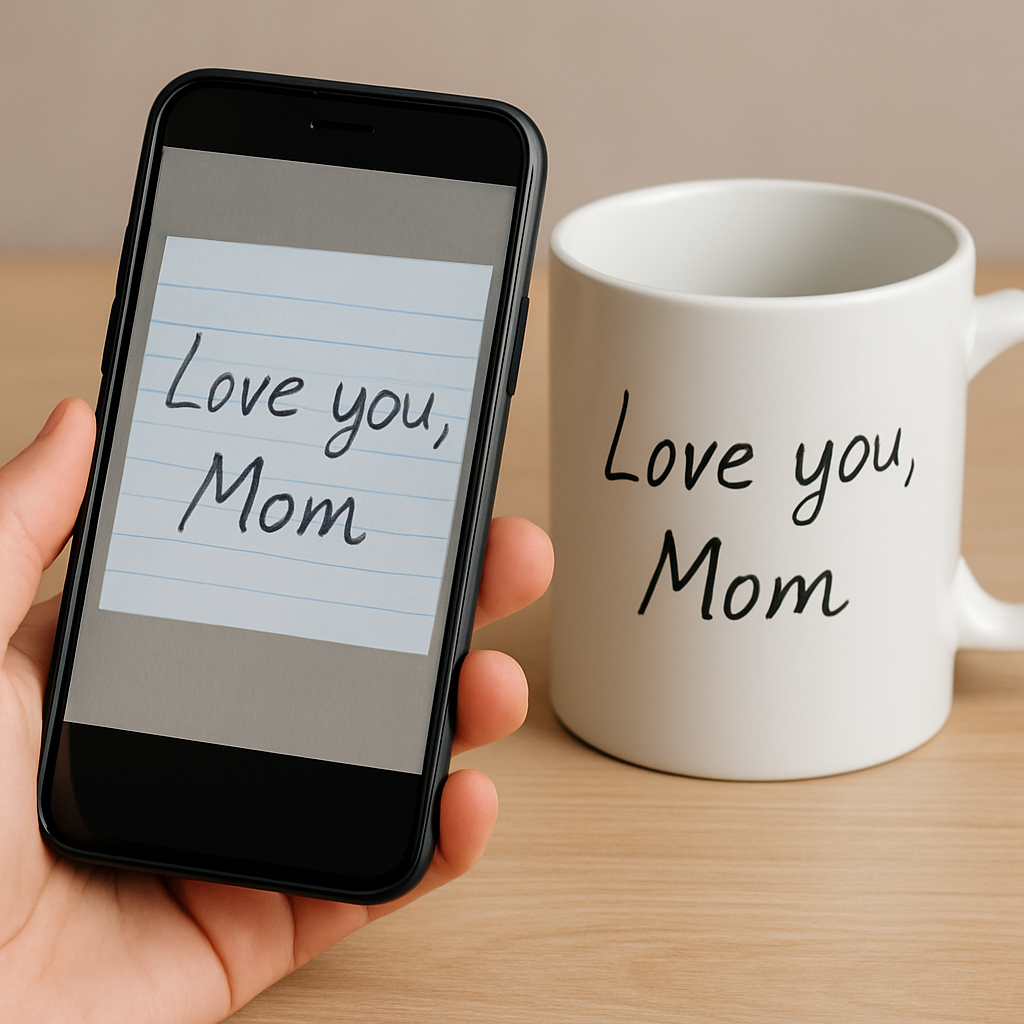 A close‑up of a handwritten note being scanned with a smartphone, then placed on a digital mock‑up of a photo mug. Alt: Handwritten message scan for personalized photo mug for mom