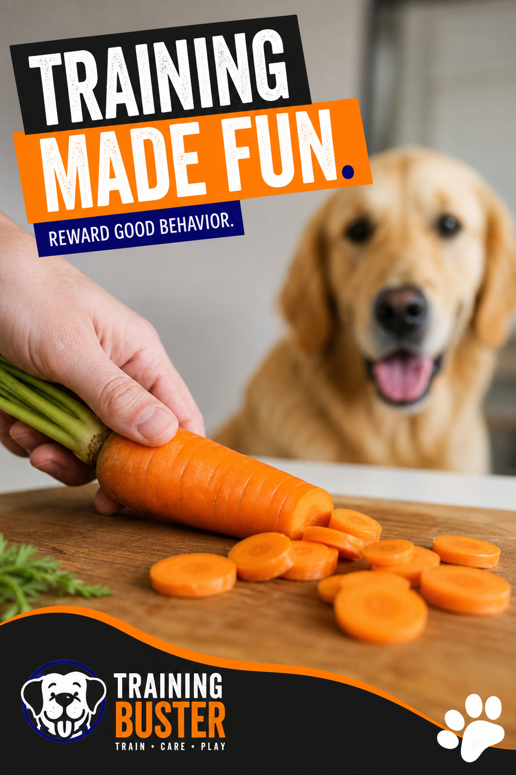 A photorealistic close-up of a hand holding a fresh orange carrot with green tops on a cutting board, surrounded by small carrot slices, with a dog waiting in the background. Alt: Raw carrot slices on a wooden board with a dog watching.