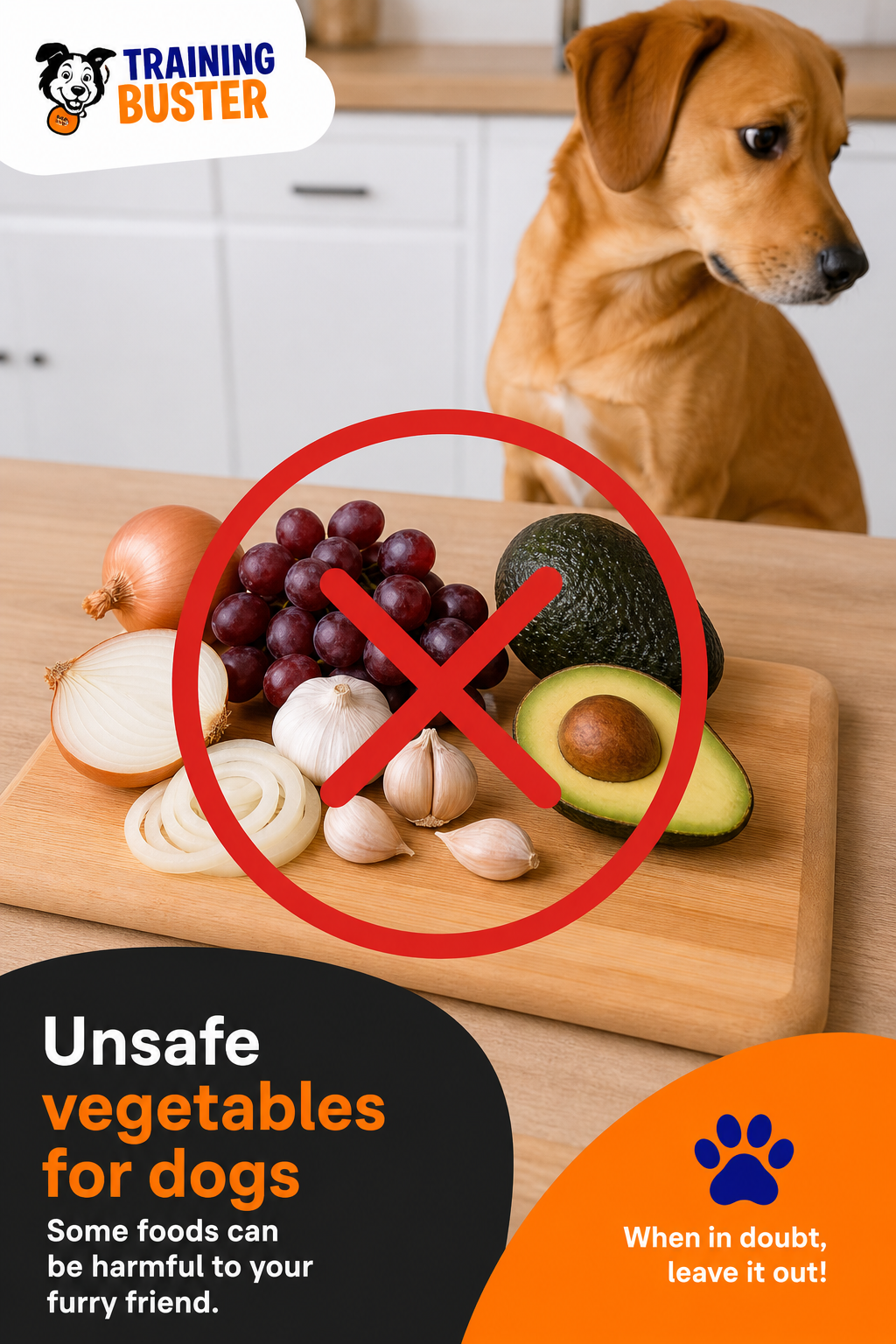 A realistic photo of a cutting board with a red circle and X over a pile of onions, garlic cloves, grapes, and an avocado, with a dog looking away cautiously. Alt: Unsafe vegetables for dogs with a warning visual.