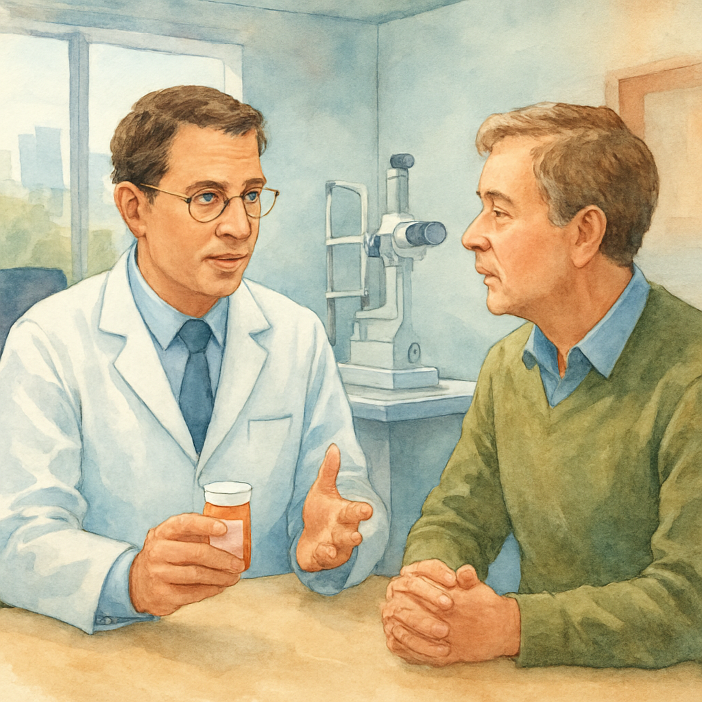 A patient discussing medication options with an eye surgeon in a modern Sydney clinic. Alt: cataract surgery blood thinners discussion