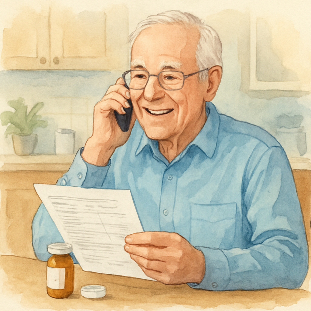A senior patient sitting at a kitchen table, holding a pill bottle and a printed lab result, smiling while talking on a phone with a surgeon. Alt: Day‑of‑surgery blood thinner management for cataract patients.