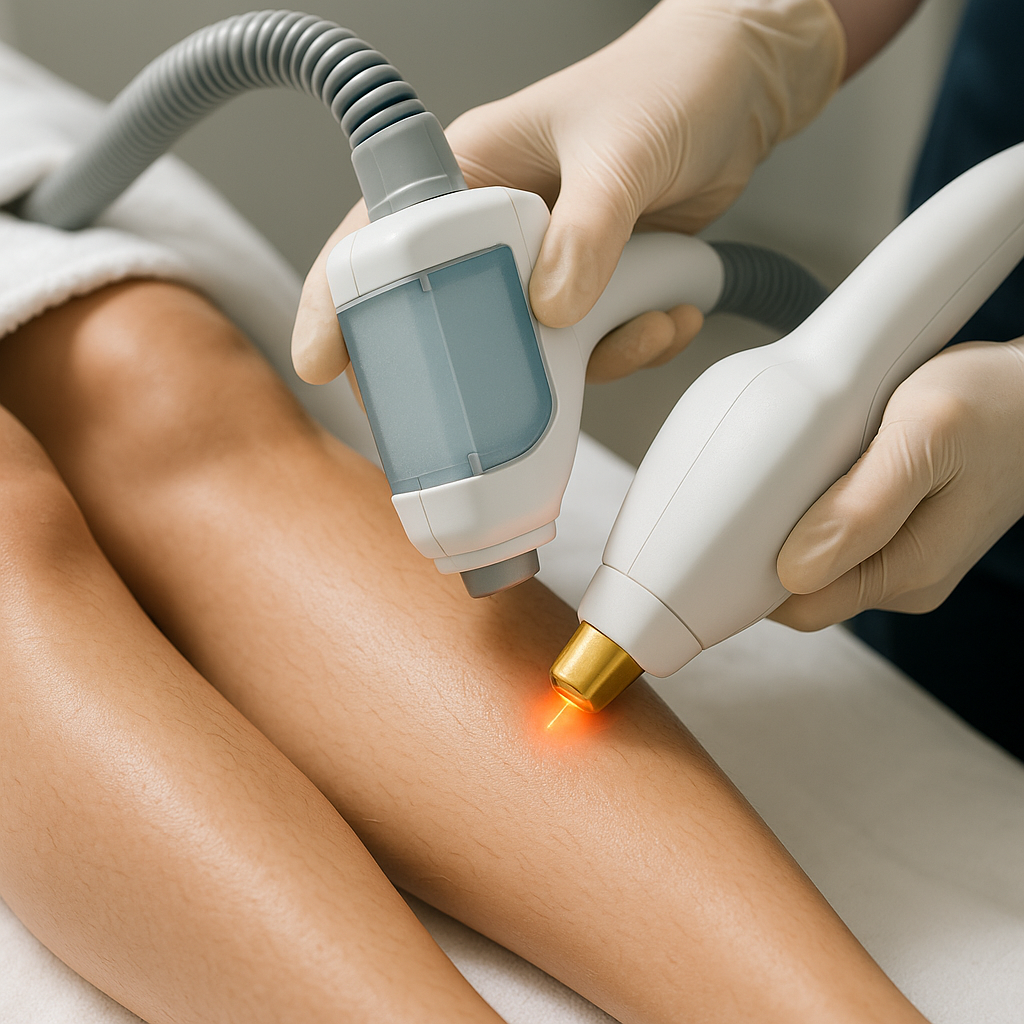 A close-up of a laser hair removal treatment on a patient's leg with a cooling device applied. Alt: Laser hair removal Barrie treatment on legs using advanced cooling technology.