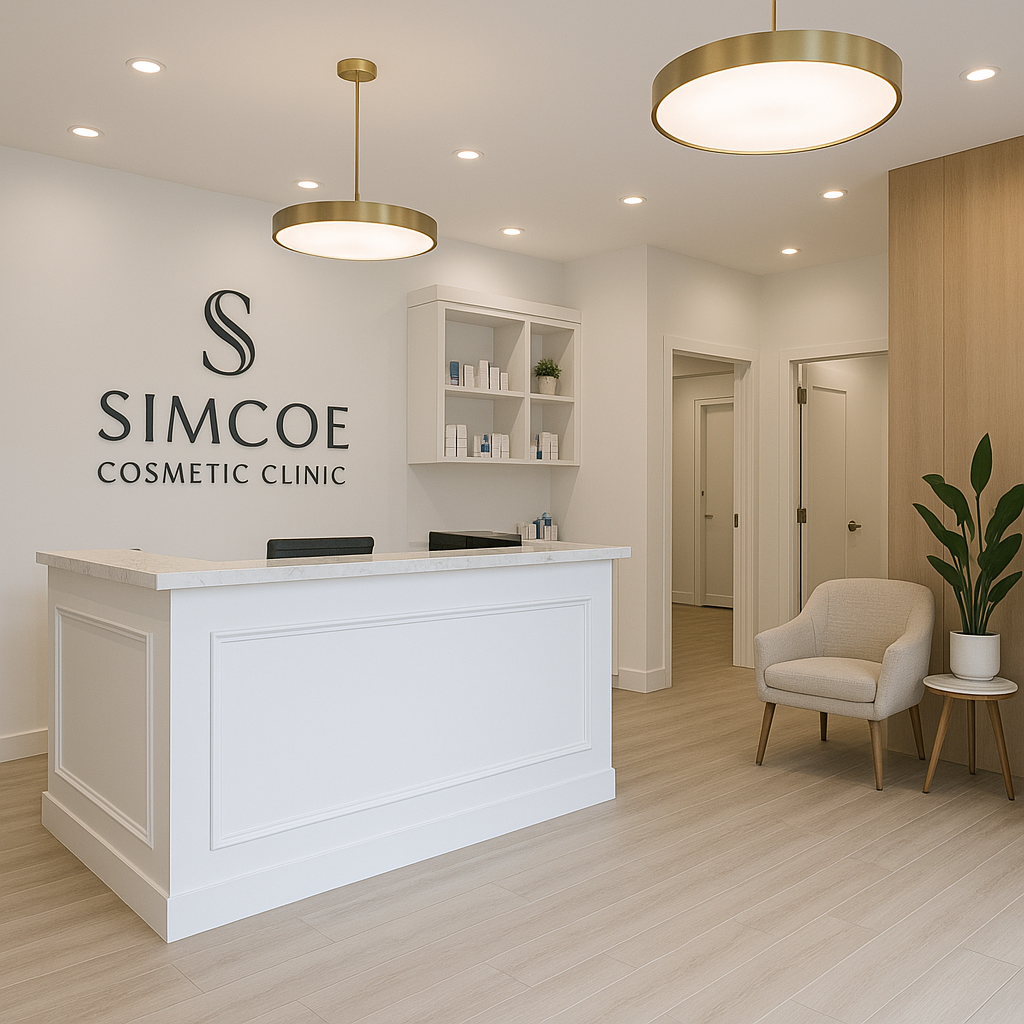 A welcoming, modern medspa clinic reception area at Simcoe Cosmetic Clinic in Barrie. Alt: Simcoe Cosmetic Clinic interior, offering laser hair removal Barrie services.