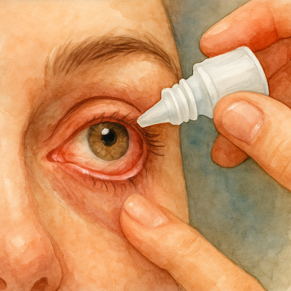 A close‑up of an eye with a subtle red halo around the cornea, showing a patient gently applying eye drops. Alt: Vabysmo injection common eye redness and after‑care illustration.