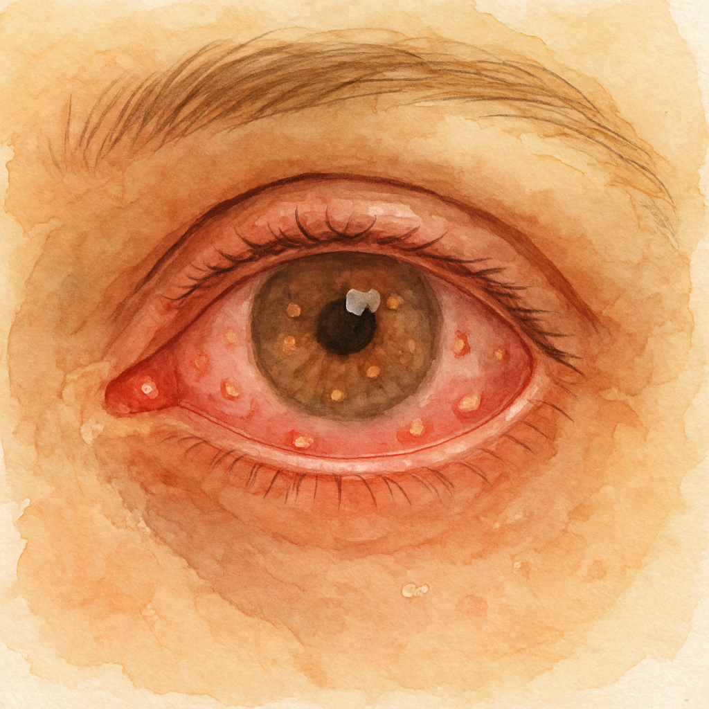 A close‑up of an eye with subtle redness and floating particles in the vitreous, illustrating early uveitis after an injection. Alt: early uveitis symptoms after Vabysmo injection